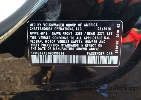 2016 Volkswagen Passat 1.8T Se from USA, damaged, VIN 1VWBT7A31GC036514